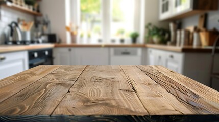 Morning Light on Wooden Tabletop with Blurry Kitchen Background