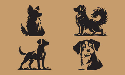 vector, isolated black silhouette of a cute dog, collection icon set