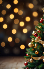 Christmas balls on christmas tree, great light with bokeh with shadows from branch. Defocused Lights Background