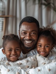 An African-American father is playing with his children on the sofa, throwing pillows, interacting, happy atmosphere, bright smile, Father's Day, companionship, family, love,"Joyful Father-Child Playt