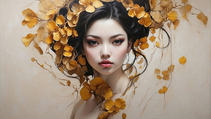 Beautiful Asian Woman with Black Hair and Yellow Flowers - Exquisite Floral Crown Portrait Idea for Art and Design