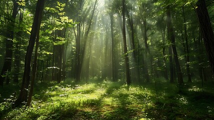 A lush green forest with sunlight filtering through the trees, creating a serene nature wallpaper.