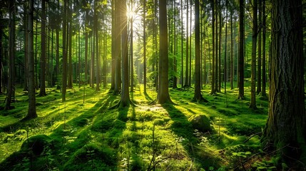 A lush green forest with sunlight filtering through the trees, creating a serene nature wallpaper.