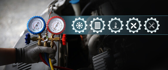 Air conditioning technician using measuring manifold gauge with car care maintenance and service icons for check refrigerant and filling air conditioner to fix repairing heat and clean the filter.