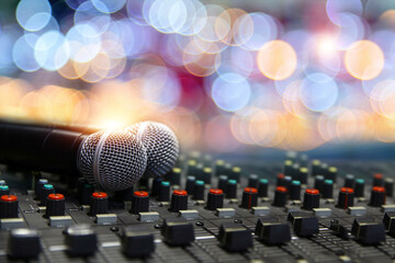 Microphone on sound mixer in live broadcasting studio producer for sound record control system...