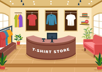 T shirt Store Vector Illustration with Shopping for Clothes or T-shirt for Fashion Styles Women or Men in Flat Cartoon Background Design
