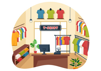 T shirt Store Vector Illustration with Shopping for Clothes or T-shirt for Fashion Styles Women or Men in Flat Cartoon Background Design