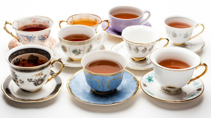 An elegant assortment of vintage teacups filled with tea, featuring various floral patterns and gold accents.