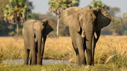 Fototapeta premium elephants in the forest wild animals couple lake dry grass trees heavy weight