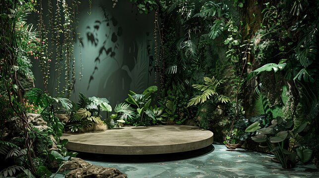 Introduce your products in a captivating forestthemed showcase podium, where the lush greenery accentuates the natural appeal of your offerings