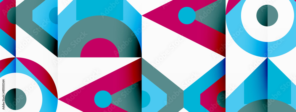 Poster Vibrant geometric pattern featuring circles and triangles in shades of azure, aqua, and red on a white background. A creative arts textile design with colorful rectangles and bold lines