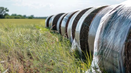 Obraz premium Hay bales covered in plastic in the pasture Supporting animal nutrition and agricultural byproduct utilization