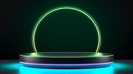 A glowing green and blue neon circle and podium on a dark background.