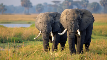 Obraz premium couple elephants in forest yellow dry grass water moving white teeth