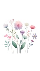 A beautiful watercolor painting of a variety of flowers. The flowers are in shades of pink, purple, and blue, with green leaves. The painting has a soft, dreamy feel to it.