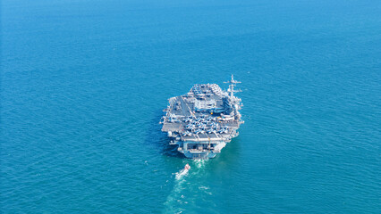 Nuclear Navy ship, Stern of Military navy ship carrier full loading fighter jet aircraft for...