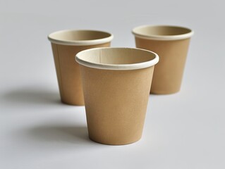 Three brown paper cups on a white surface.