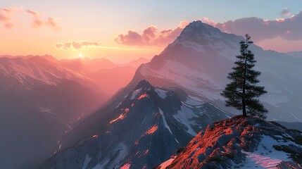 Mountain peak podium against a sunrise backdrop with a solitary pine, offering a serene and majestic setting for high altitude products