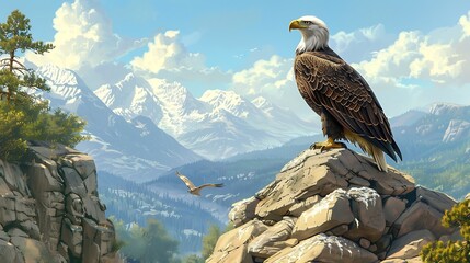 A majestic bald eagle perched on a rocky cliff, its keen gaze fixed on the distant horizon.