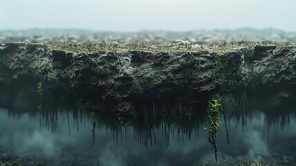 Peat bog podium with misty layers and ancient land, perfect for showcasing items with themes of history and mystery