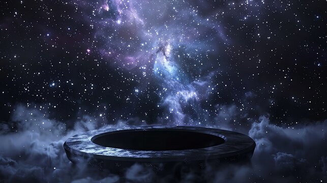 Black hole theme with a cosmic podium surrounded by a dense starfield, suited for presenting futuristic or space related items