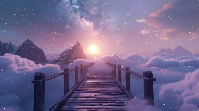 Enchanting wooden bridge leading to a glowing cloud in a fantastical landscape
Seamless looping 4k time-lapse virtual video animation background. Generated AI