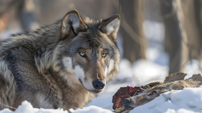 wolf in winter snow and mountain trees dangrous animal