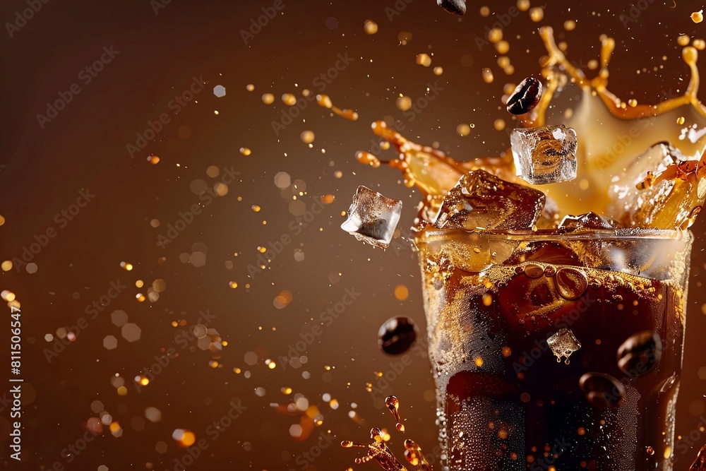 Poster A liquid coffee drink in a drinkware with ice cubes splashing out, banner with 2/3 space copy space for text