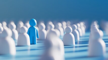 3D render of a blue person standing out from a crowd of white people. Best Job Candidate HR human resources technology.Online and modern technologies for simplifying the human resources
