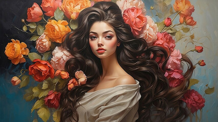 Beautiful Woman with Long Flowing Hair Adorned with Fresh Colorful Flowers - Stunning Floral Portrait Idea
