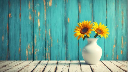 a white vase with yellow flowers stands on a plank floor against a blue wall and there is a place...