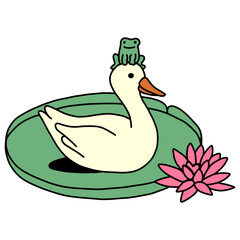 duck and frog on the lotus leaf