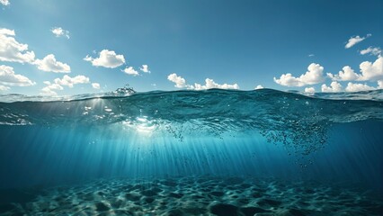 boundary between ocean water and cloudy sky on a sunny day