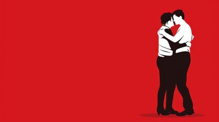 Silhouette of couple embracing on red background