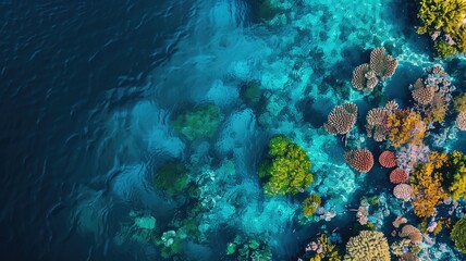 Fototapeta premium Aerial view of colorful coral reef in clear blue water