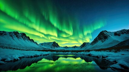 Northern lights in the mountains at night reflected in the mountain lake