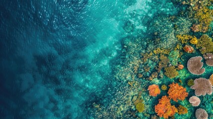 Aerial view of vibrant coral reef under clear blue water