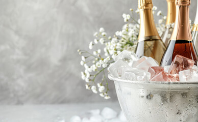 Champagne bottles in ice bucket with floral decor