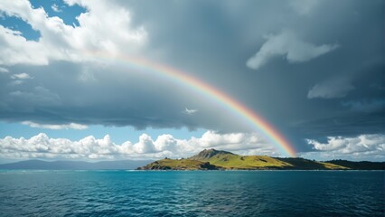 rainbow in a stormy sky over the sea and island