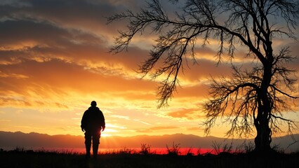 a black figure of a man or an old man stands under a spreading tree against the backdrop of sunset - Powered by Adobe