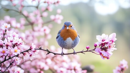 Fototapeta premium Robin bird sits on a sakura branch and looks straight into the camera