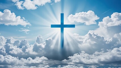 Christian symbol cross shines among the clouds