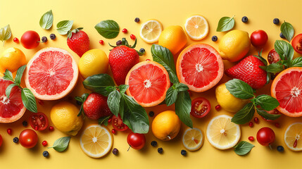 Background with fresh organic fruits, showcase healthy fruits, Generative AI