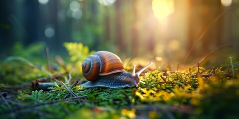 a snail is crawling on the ground in the forest - Powered by Adobe