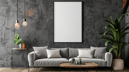 "Frame Template, A4 Paper Size. Living Room Poster Preview. Interior Setup with House Background. Contemporary Home Styling. 3D Rendering."