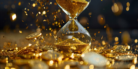 hourglass with stack of gold coins and golden sand particles on wooden table golden particles background concepts of time and wealth