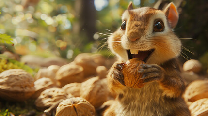Obraz premium squirrel eating nut feeling happy have two teeth nut ground 