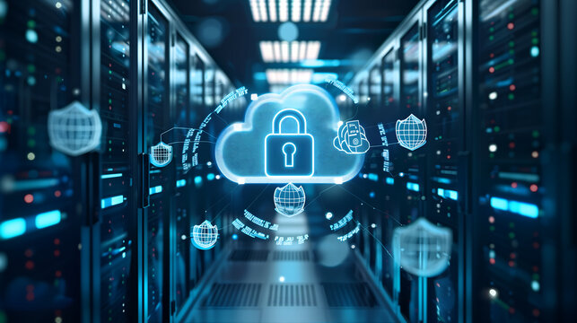 Digital blue cloud security and data protection concept with padlock icon on virtual background of server room in a modern technology information system - Powered by Adobe