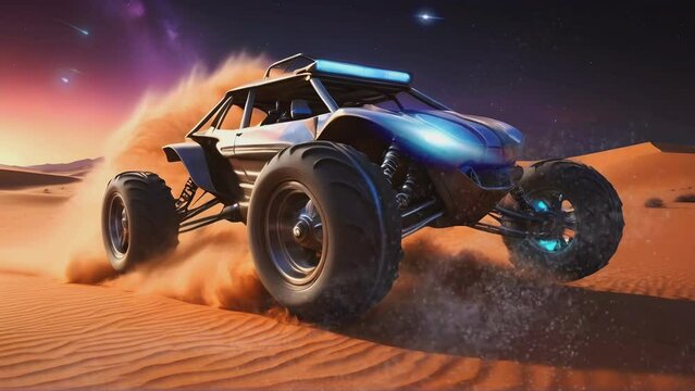 buggy car in the middle of the desert with a beautiful view of the sky, seamless looping time lapse virtual 4k video animation background