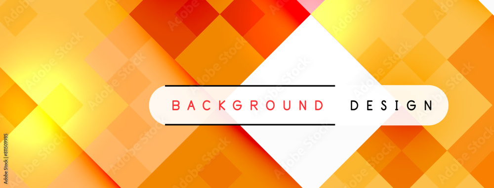 Aufkleber An electrifying background design featuring squares in shades of orange, amber, and electric blue. The pattern includes triangles, circles, and rectangles with a symmetrical layout and a unique font